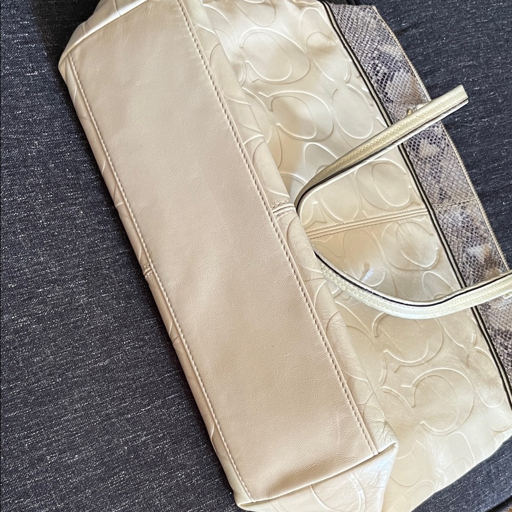 Coach Cream Tote with Snake-Print Trim and Gold Charm - Picture 4 of 4